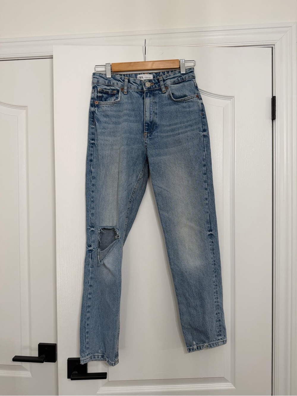 Zara Light Wash Distressed Straight-Leg Jeans